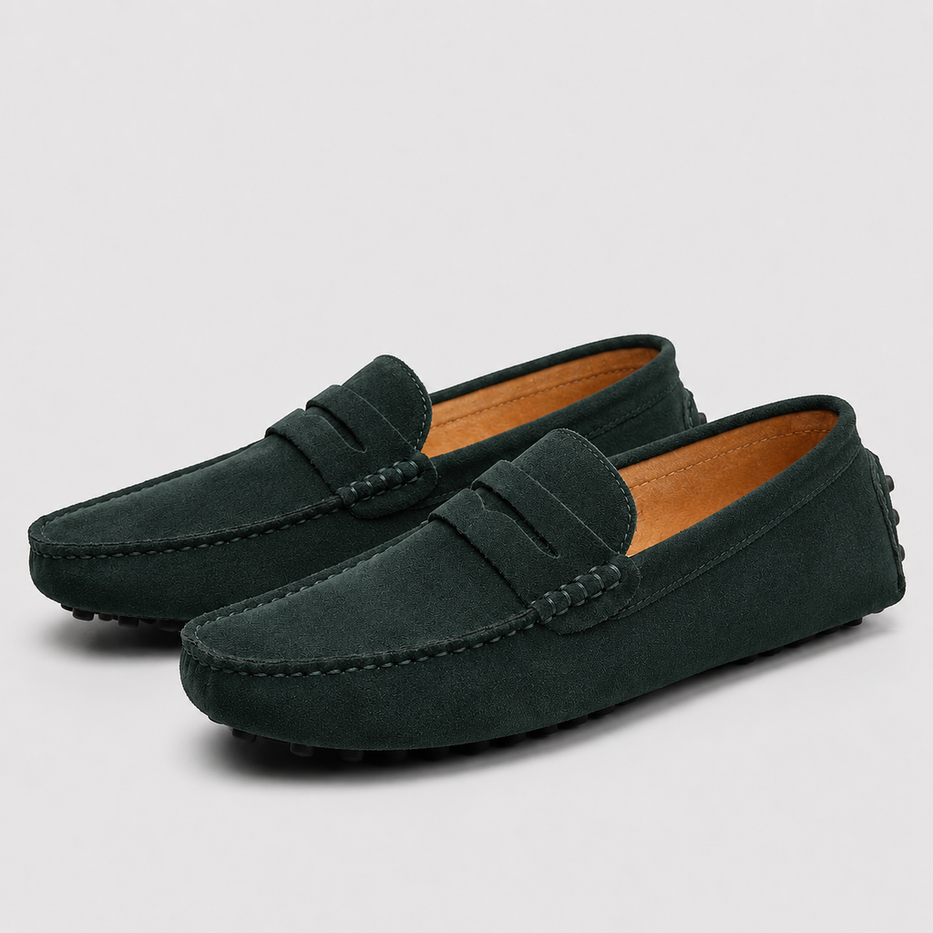 Men's Suede Leather Slip-On Loafers Black Canvas