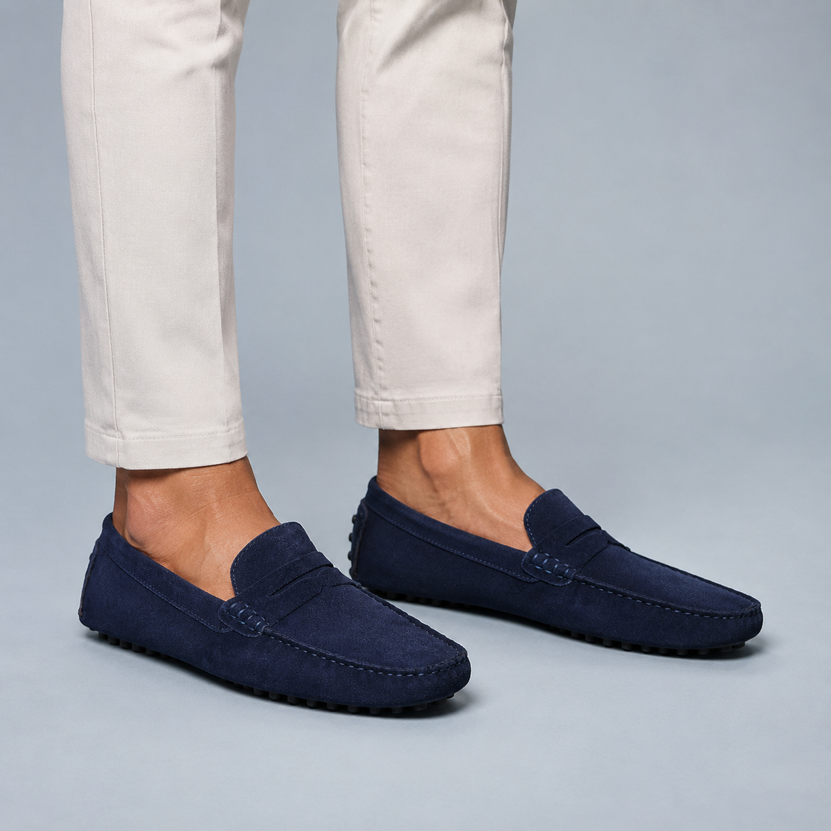 Men's Suede Leather Slip-On Loafers Black Canvas