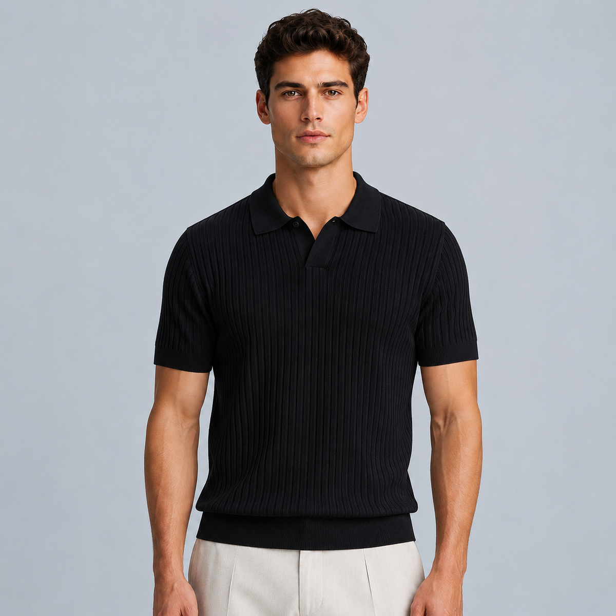 Men's Summer Knit Polo Shirt Fit Sleeve Black Canvas