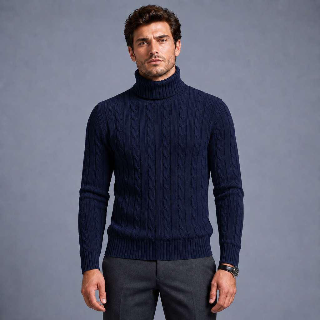 Men's Turtleneck Twist Knit Pullover Jumper Black Canvas