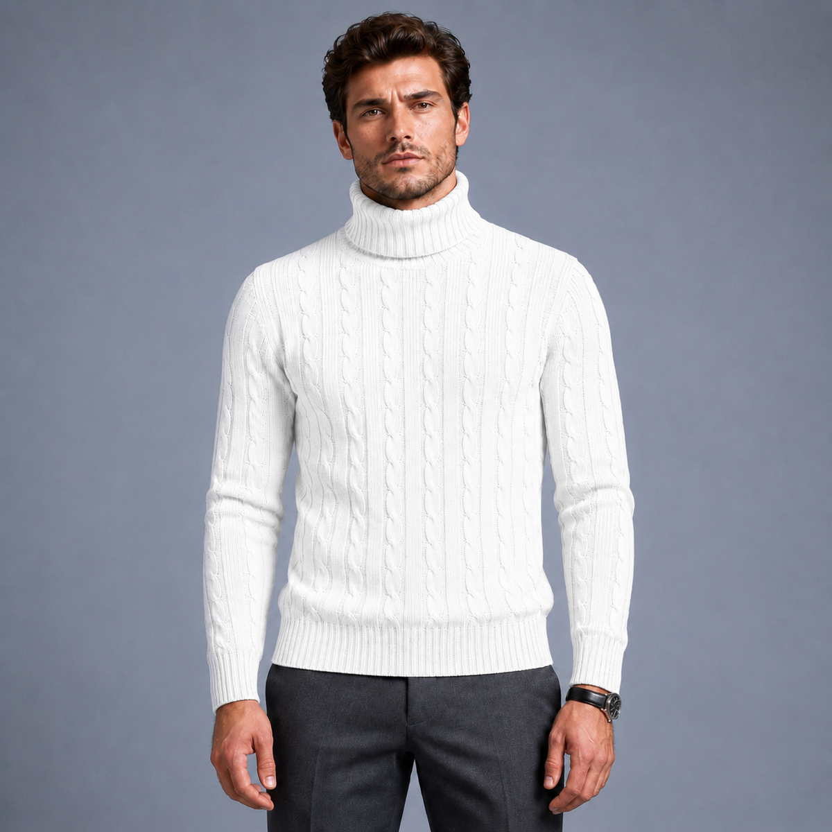 Men's Turtleneck Twist Knit Pullover Jumper Black Canvas