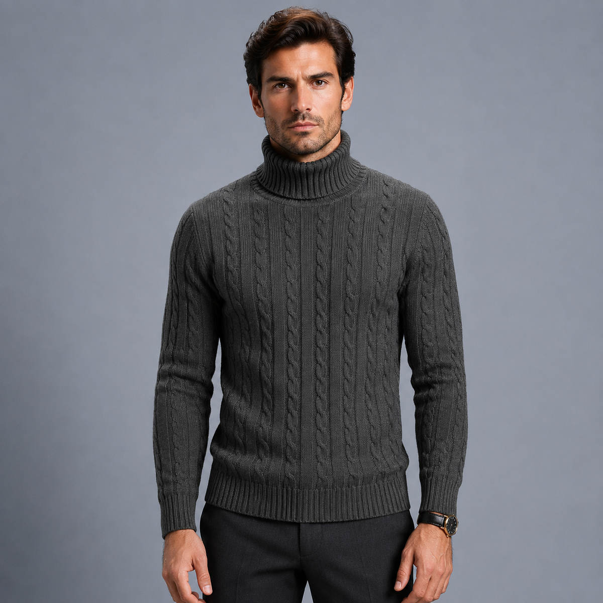 Men's Turtleneck Twist Knit Pullover Jumper Black Canvas