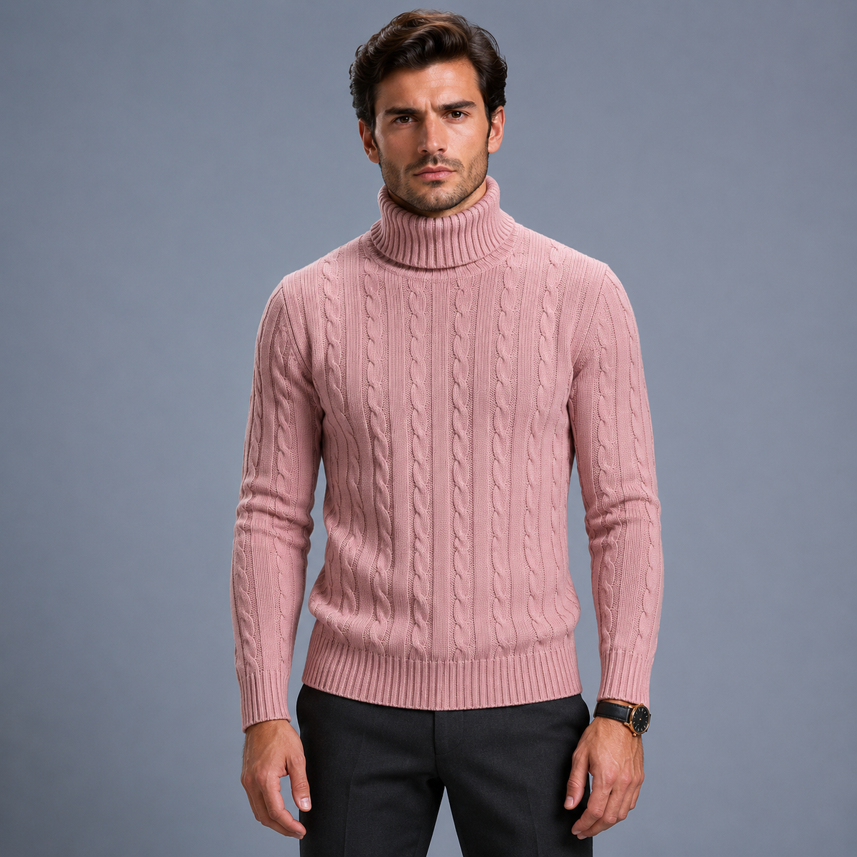 Men's Turtleneck Twist Knit Pullover Jumper Black Canvas