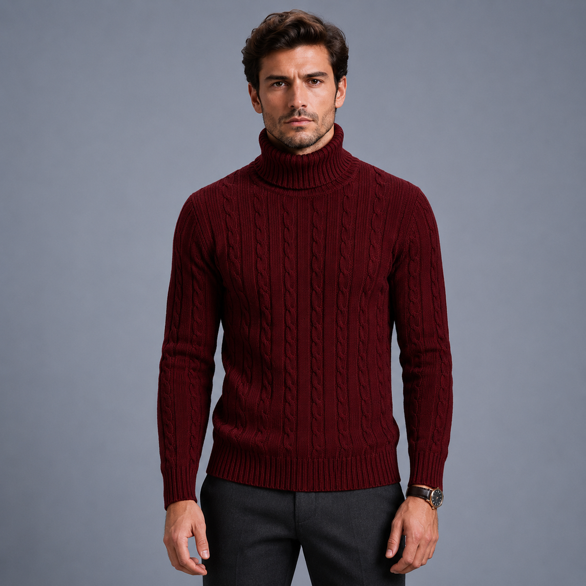 Men's Turtleneck Twist Knit Pullover Jumper Black Canvas