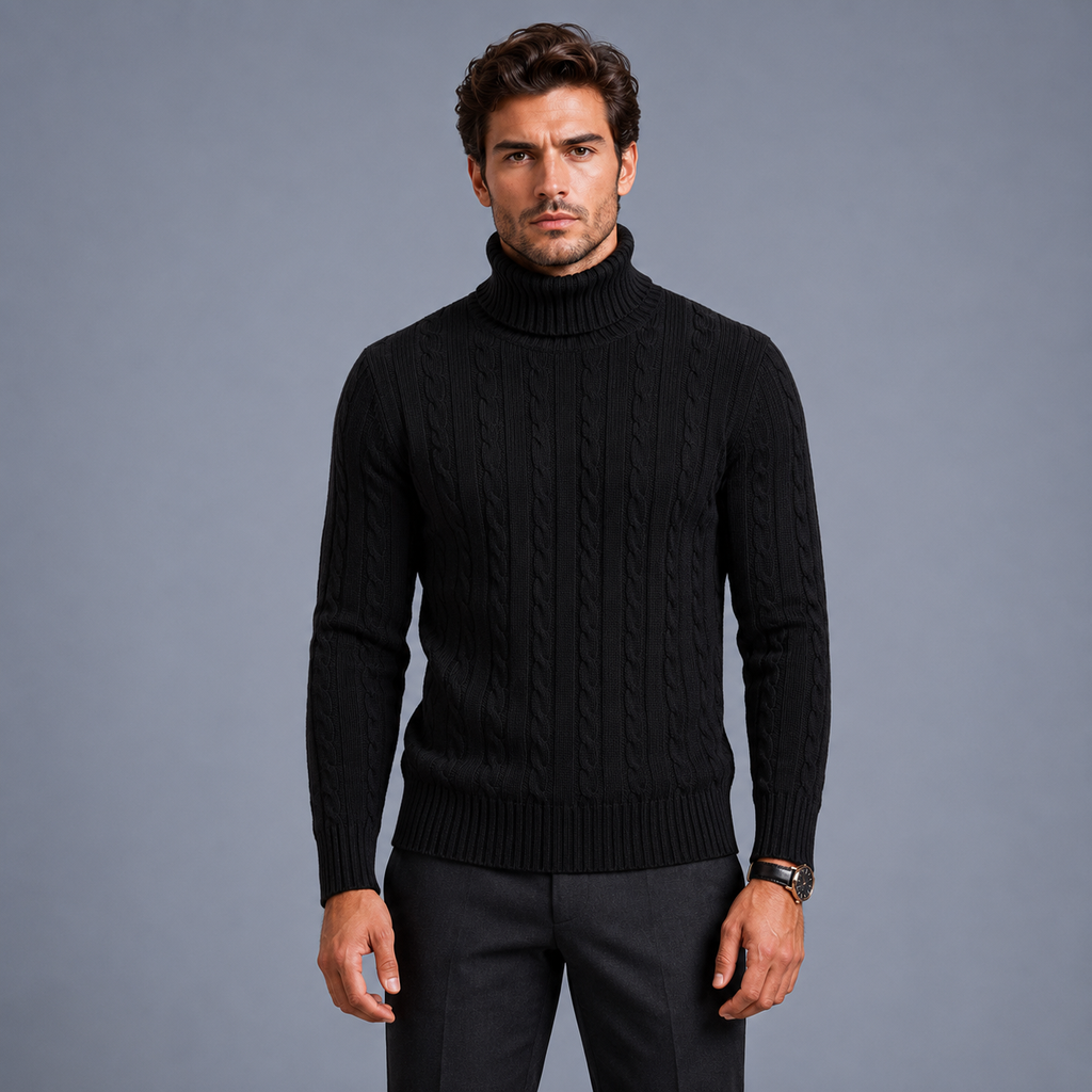 Men's Turtleneck Twist Knit Pullover Jumper Black Canvas
