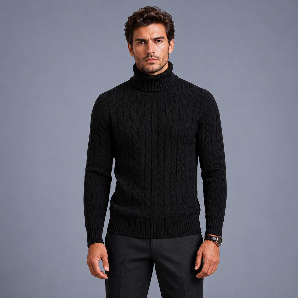 Men's Turtleneck Twist Knit Pullover Jumper Black Canvas
