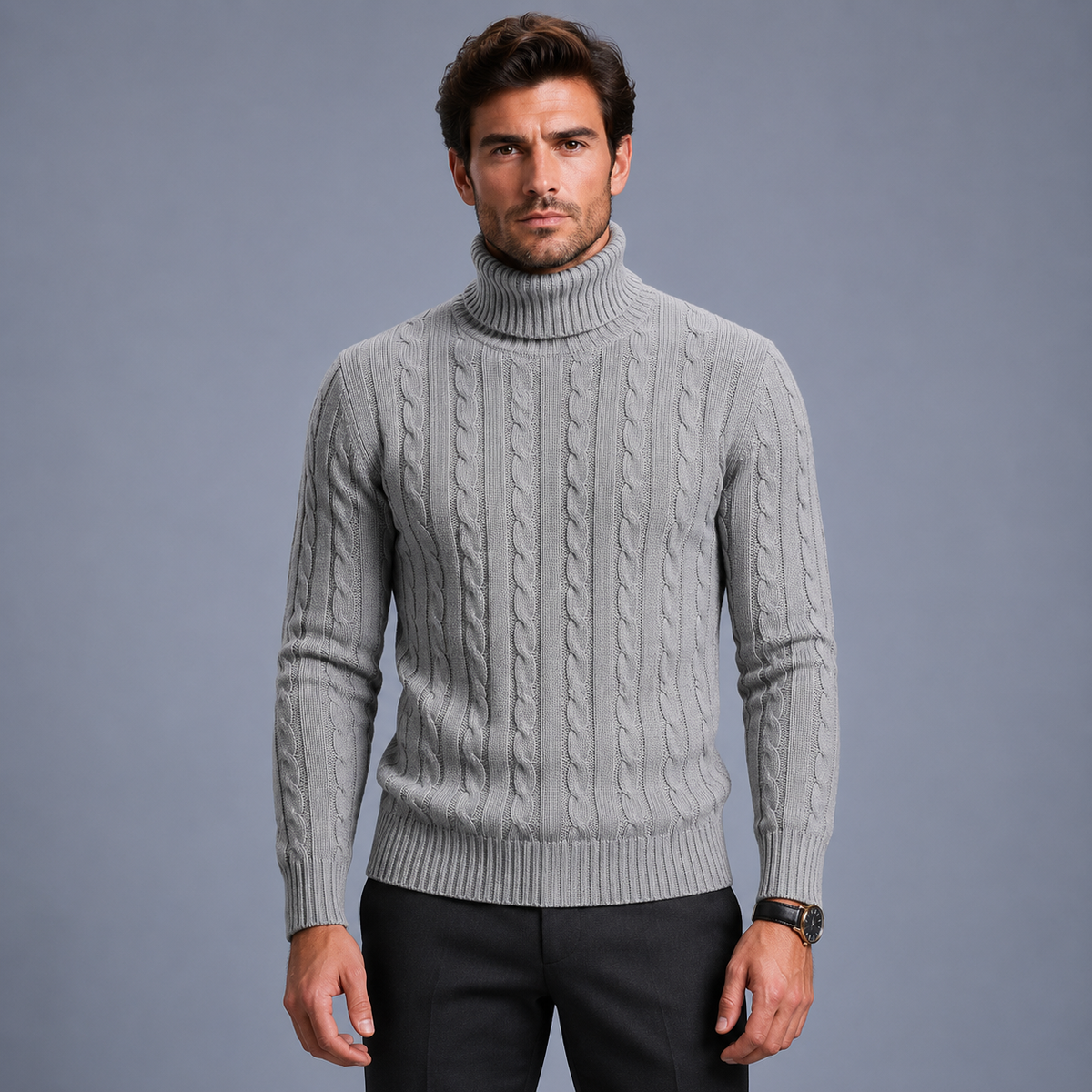 Men's Turtleneck Twist Knit Pullover Jumper Black Canvas