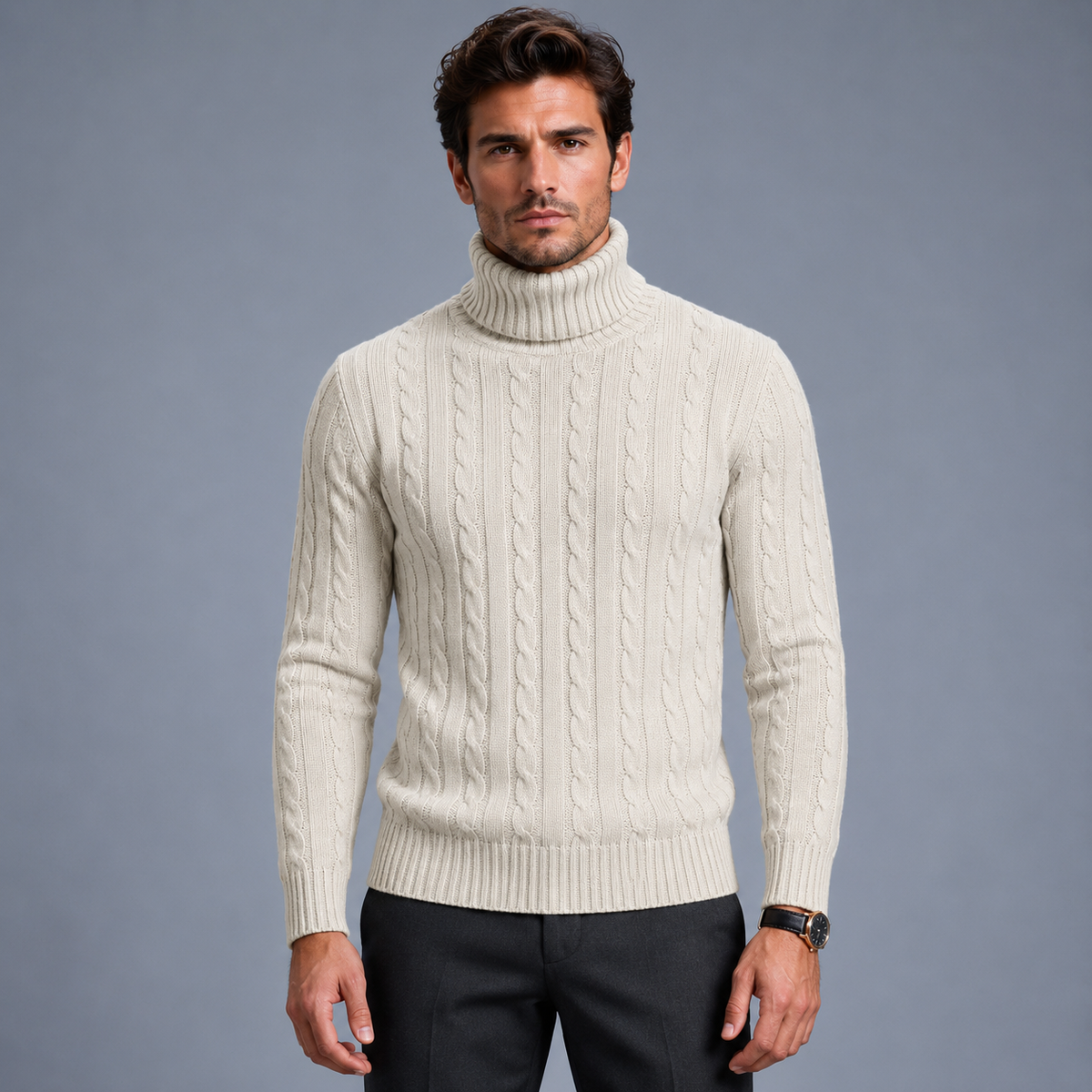 Men's Turtleneck Twist Knit Pullover Jumper Black Canvas