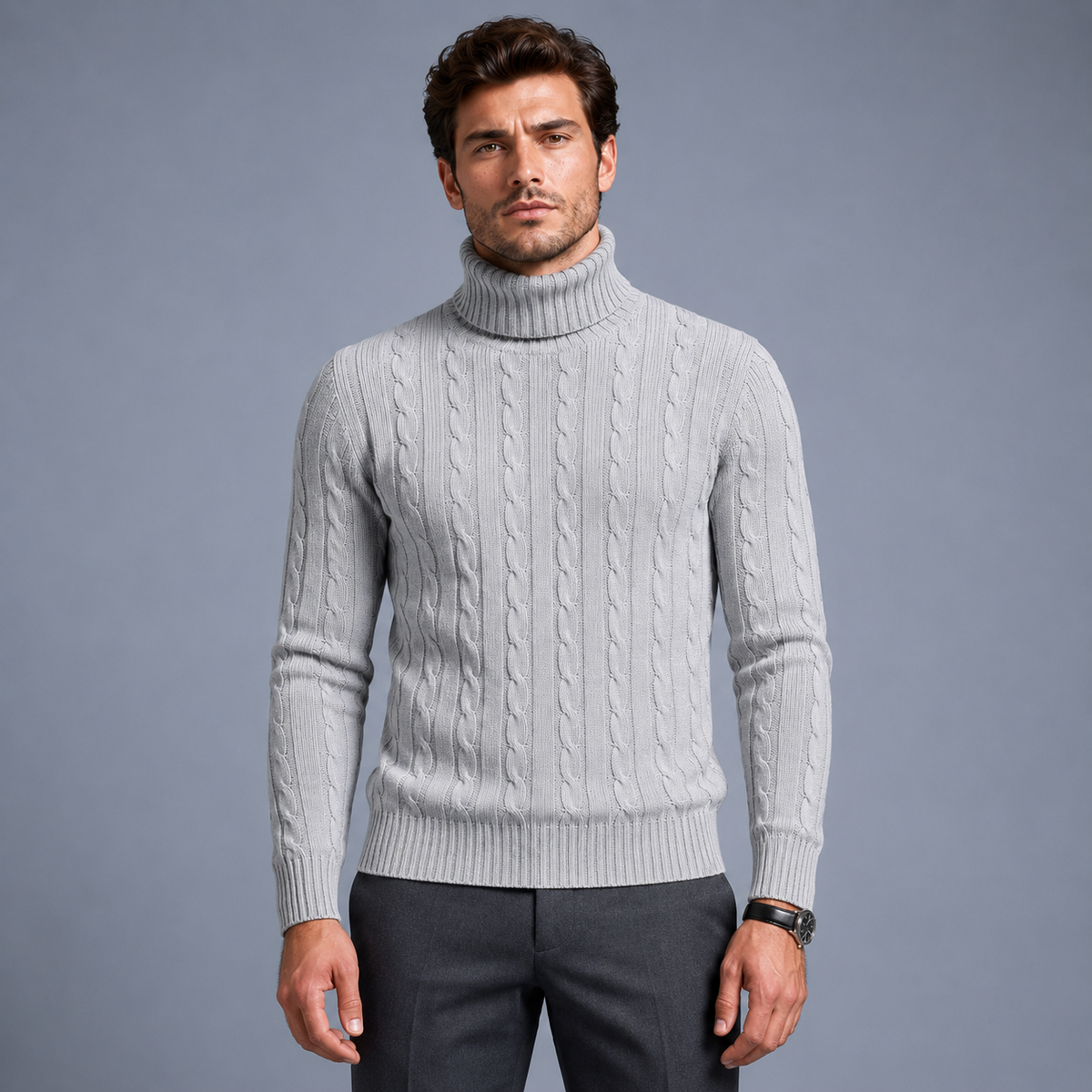Men's Turtleneck Twist Knit Pullover Jumper Black Canvas