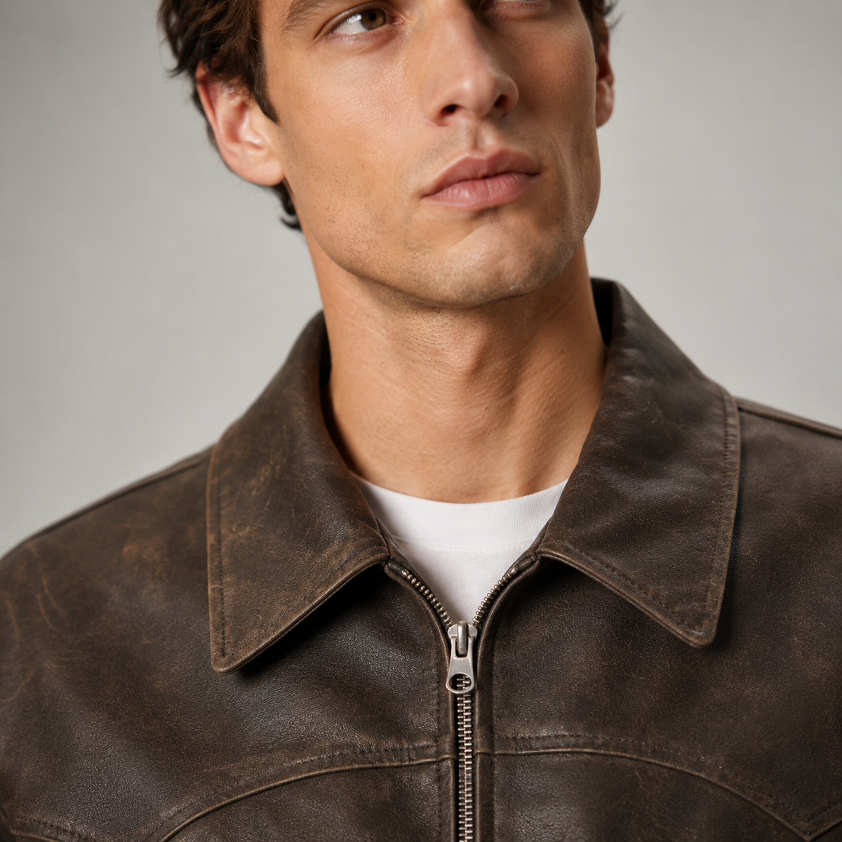 Men's Vintage Washed PU Leather Zip Jacket Black Canvas