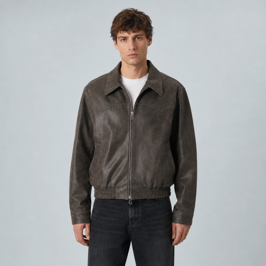 Men's Vintage Washed PU Leather Zip Jacket Black Canvas