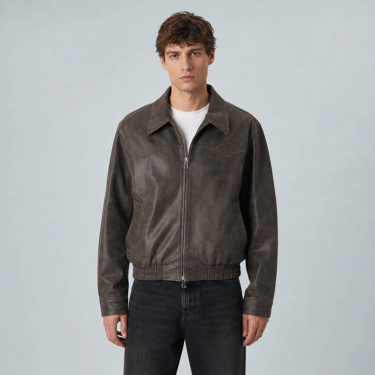 Men's Vintage Washed PU Leather Zip Jacket Black Canvas