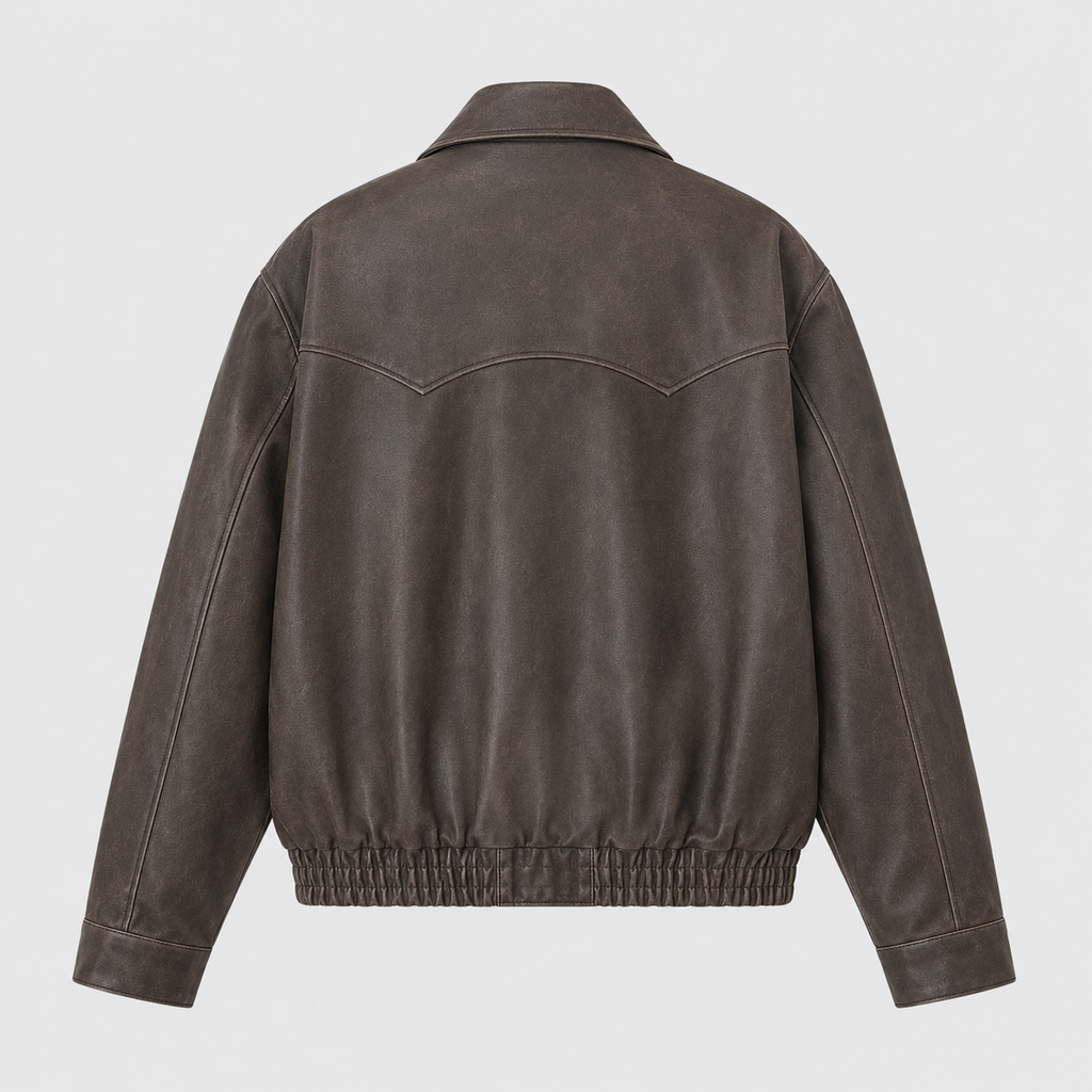 Men's Vintage Washed PU Leather Zip Jacket Black Canvas