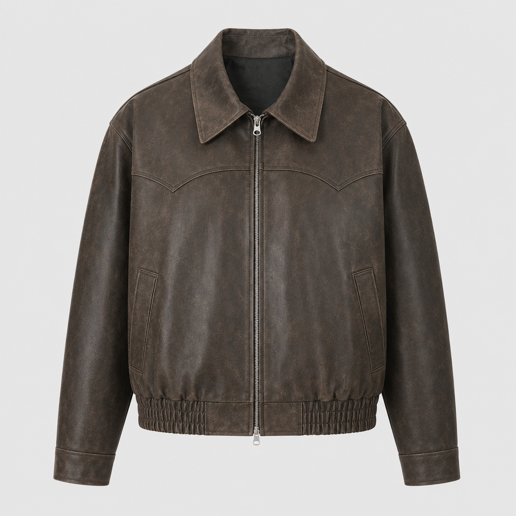 Men's Vintage Washed PU Leather Zip Jacket Black Canvas