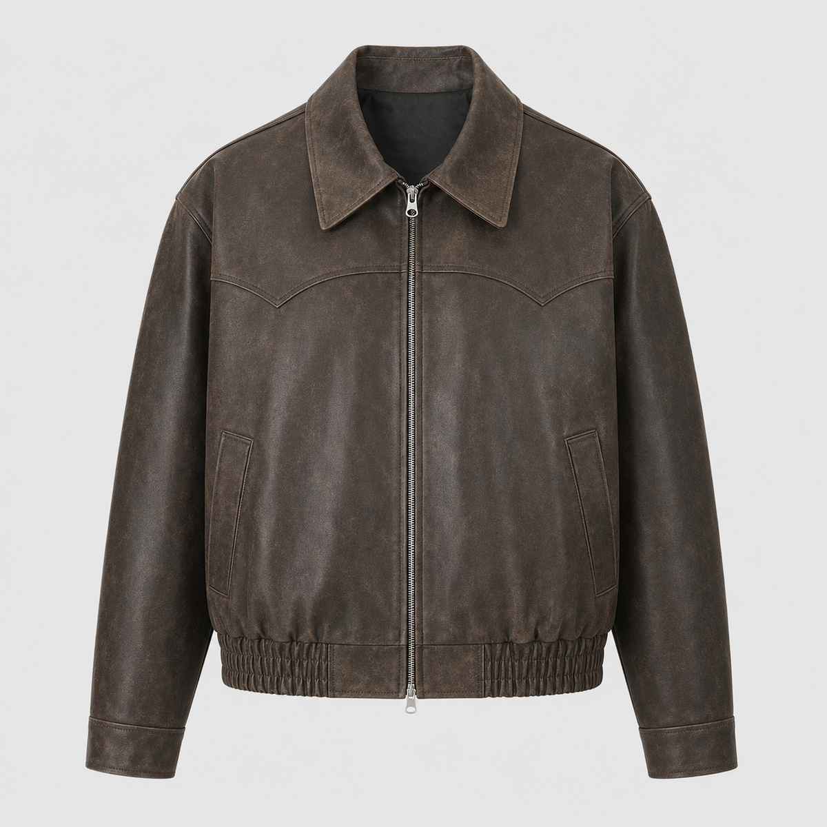 Men's Vintage Washed PU Leather Zip Jacket Black Canvas