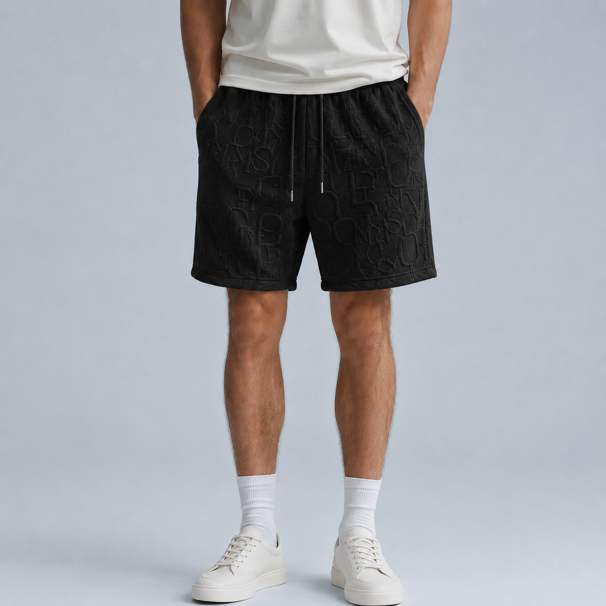 Men's Waffle Knit Wide Leg Baggy Shorts Black Canvas