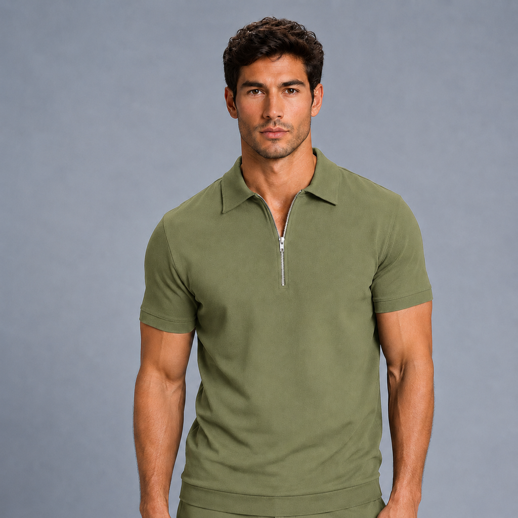 Men's Zip Placket Turn-Down Collar Polo Shirt Black Canvas