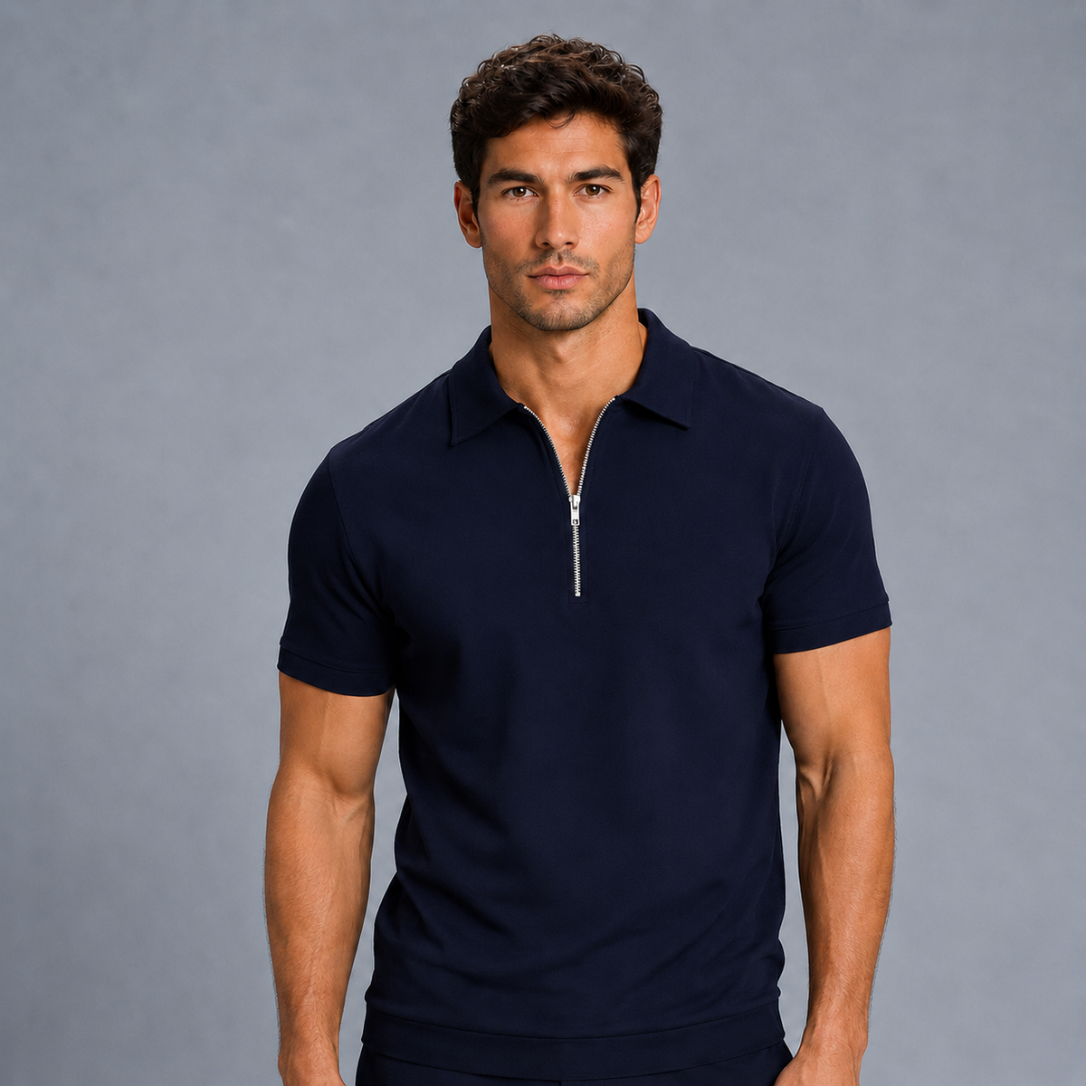 Men's Zip Placket Turn-Down Collar Polo Shirt Black Canvas
