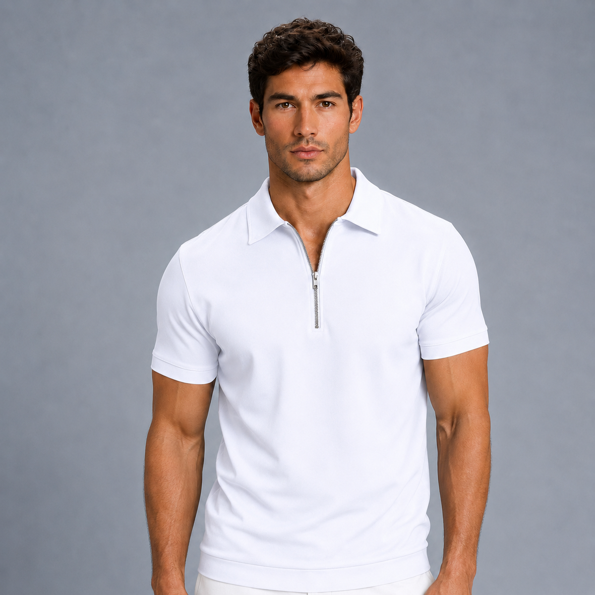 Men's Zip Placket Turn-Down Collar Polo Shirt Black Canvas