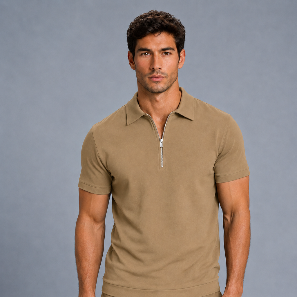 Men's Zip Placket Turn-Down Collar Polo Shirt Black Canvas