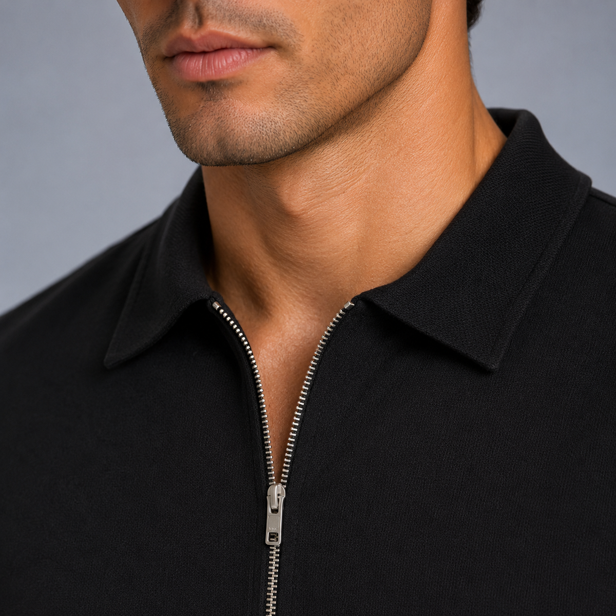 Men's Zip Placket Turn-Down Collar Polo Shirt Black Canvas