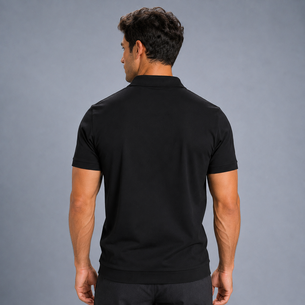 Men's Zip Placket Turn-Down Collar Polo Shirt Black Canvas