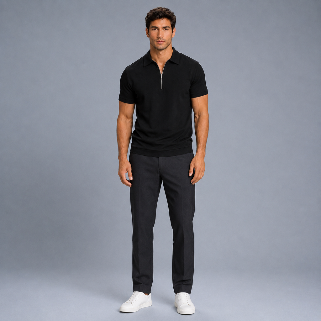 Men's Zip Placket Turn-Down Collar Polo Shirt Black Canvas