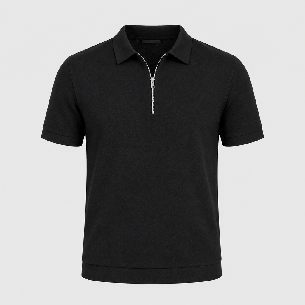 Men's Zip Placket Turn-Down Collar Polo Shirt Black Canvas