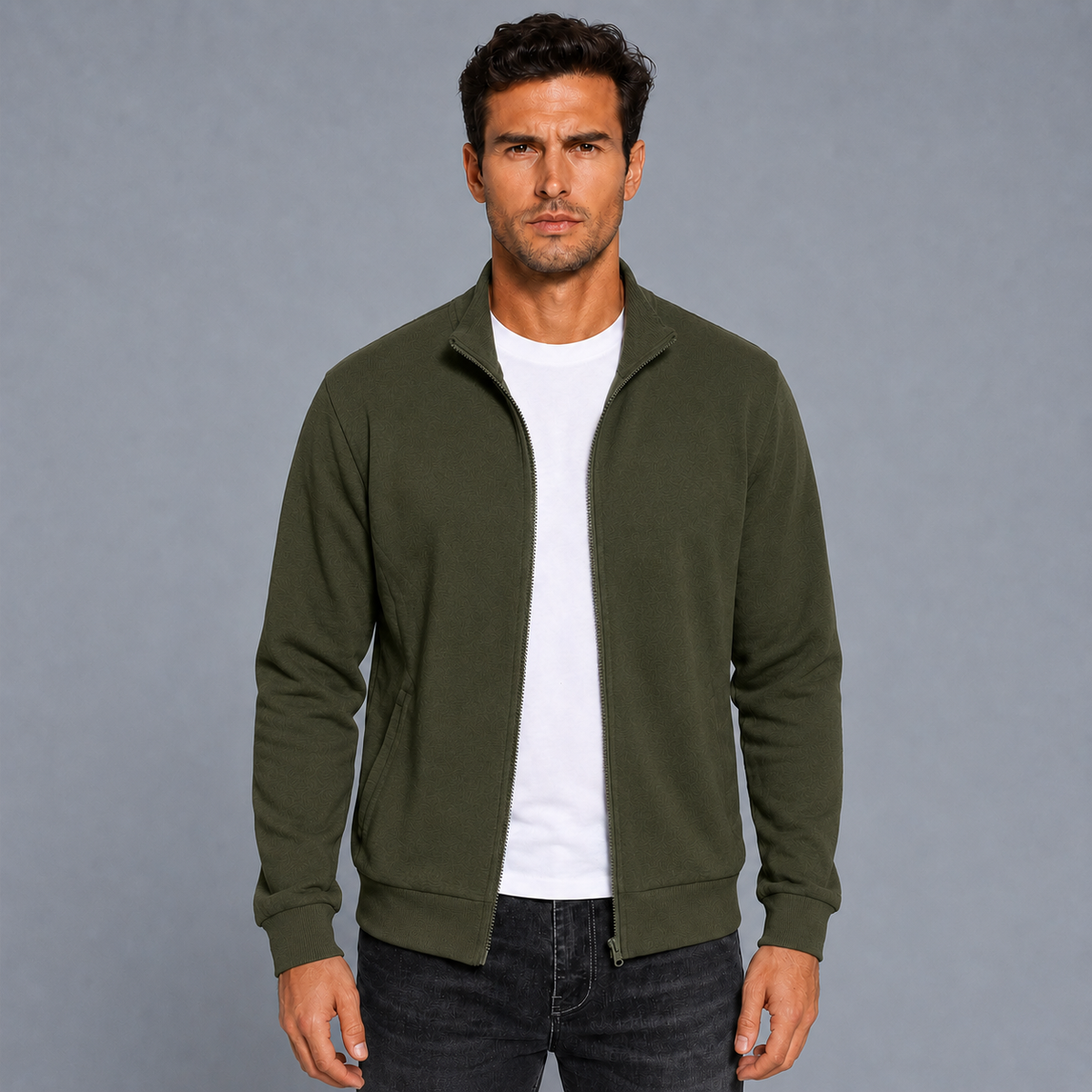 Men's Zip-Up Long Sleeve Sweatshirt Jacket Black Canvas