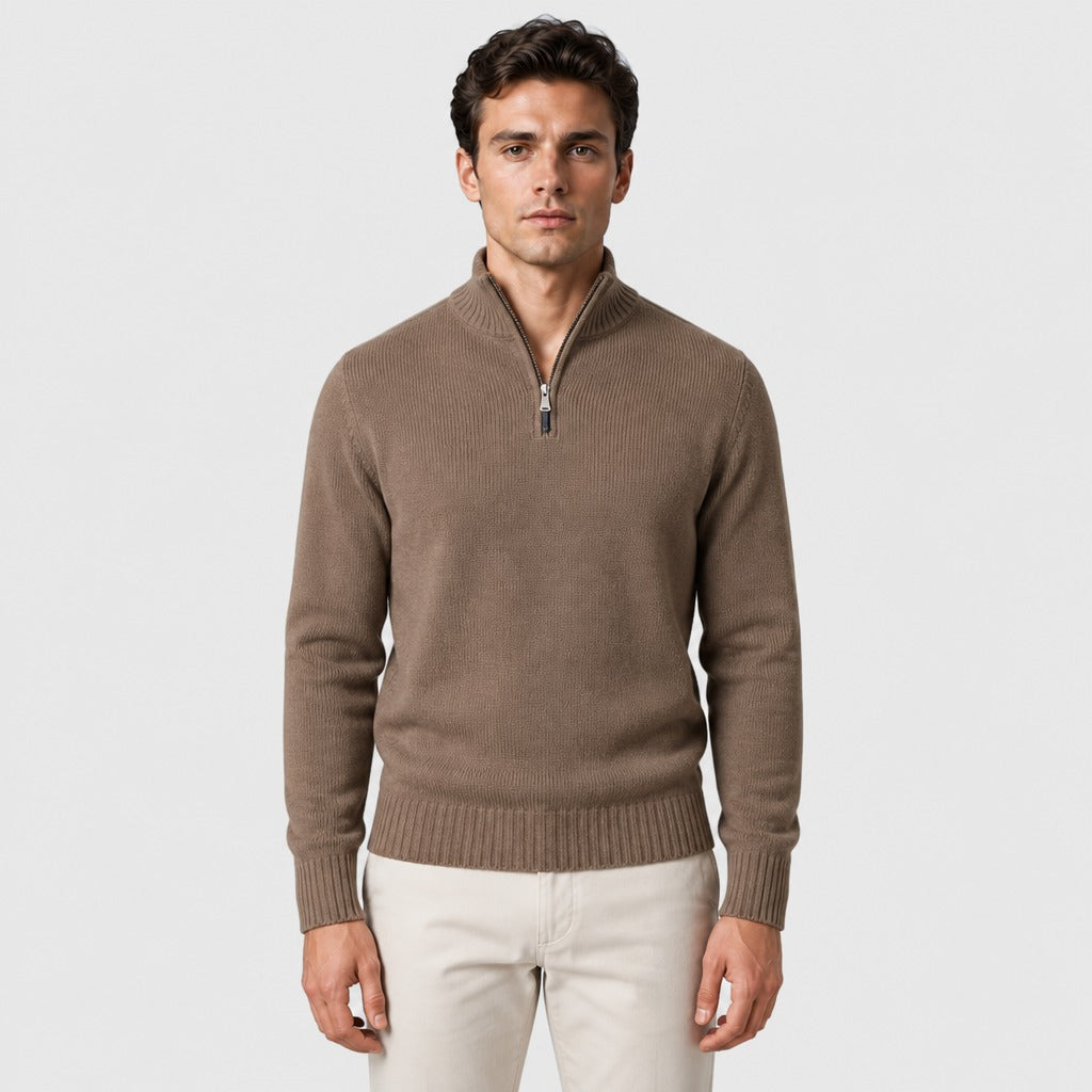 Men’s Acrylic Zip Collar Jumper Brown