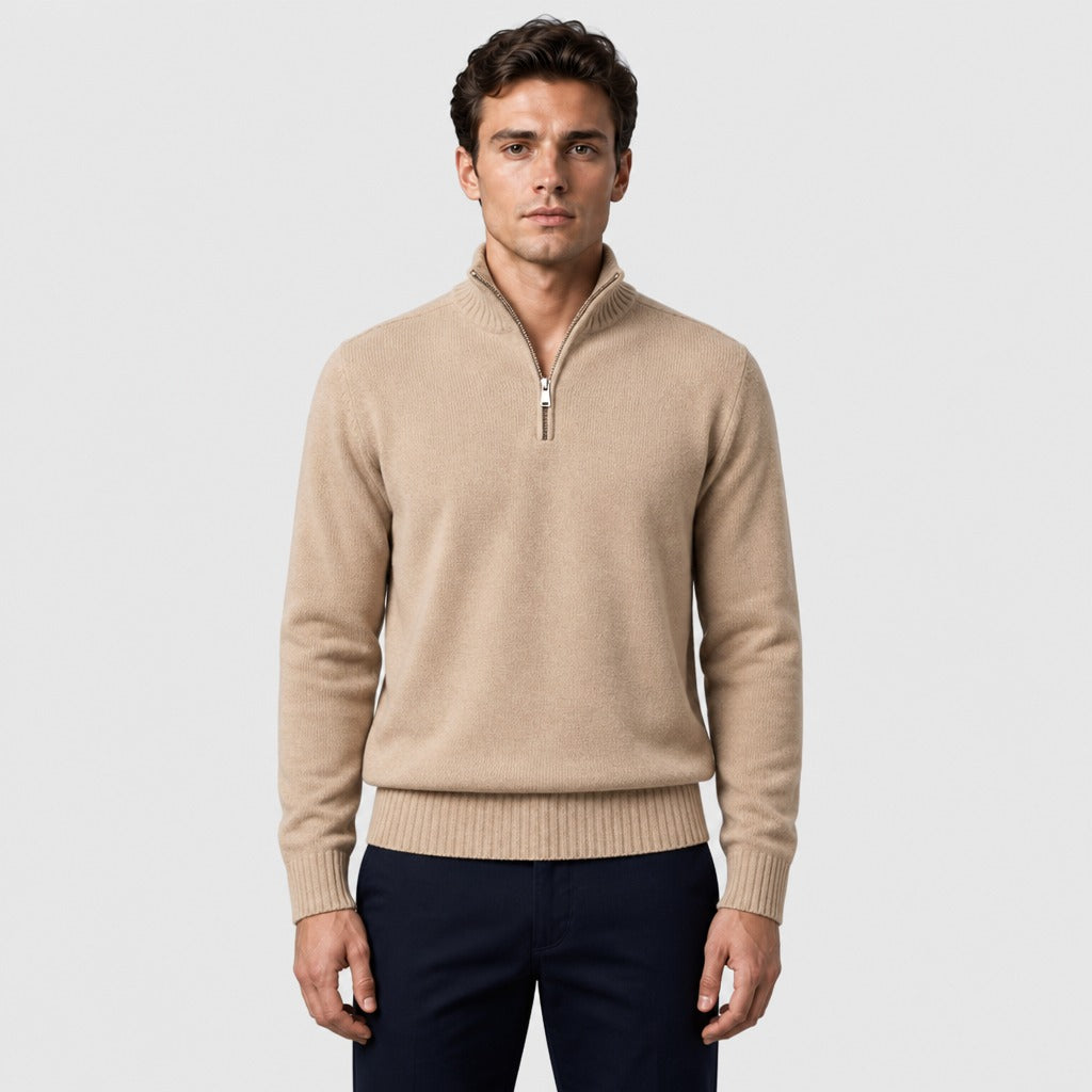 Men’s Acrylic Zip Collar Jumper Beige