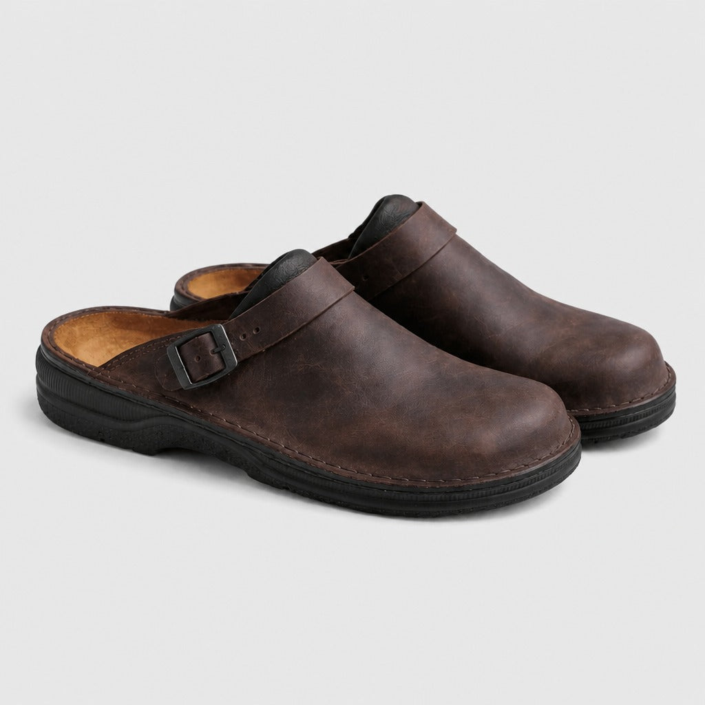 Men’s British Mule Slippers with Button Detail Brown pair