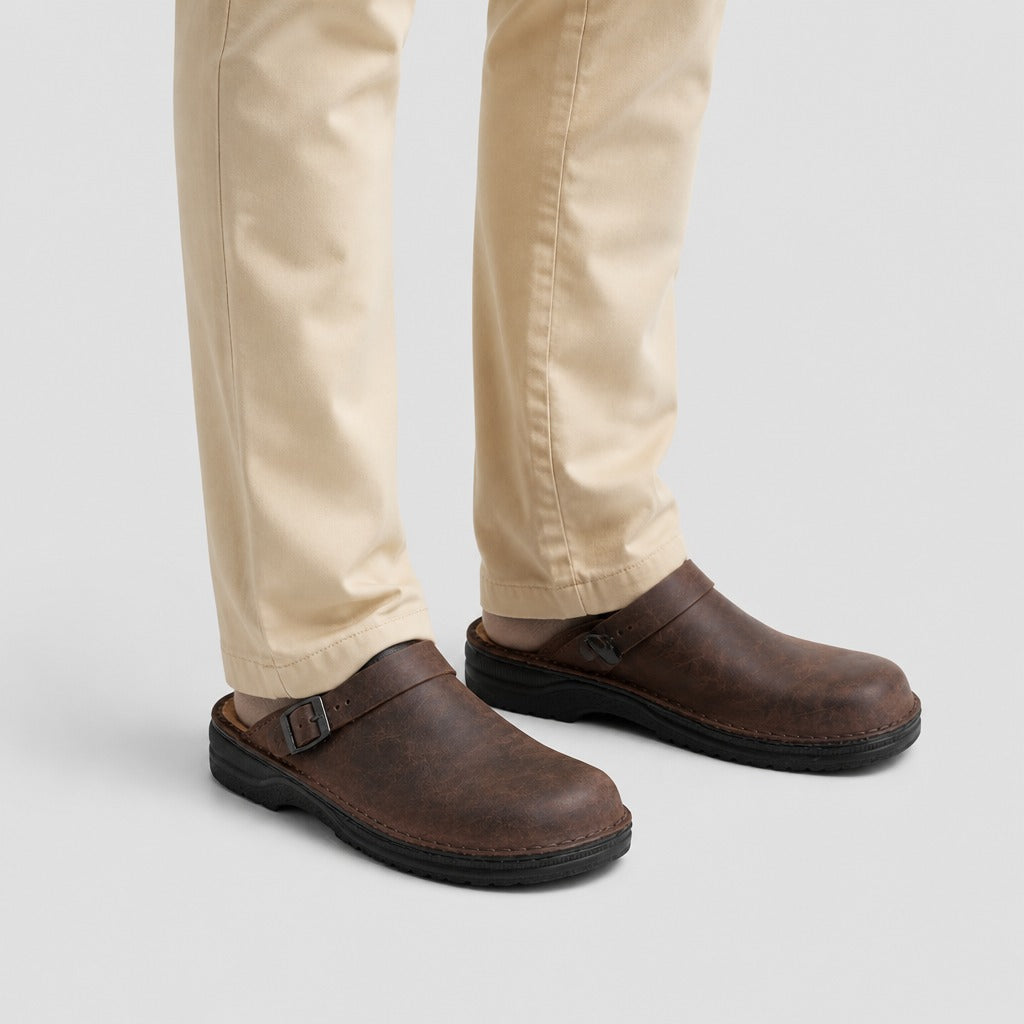 Men’s British Mule Slippers with Button Detail Brown worn
