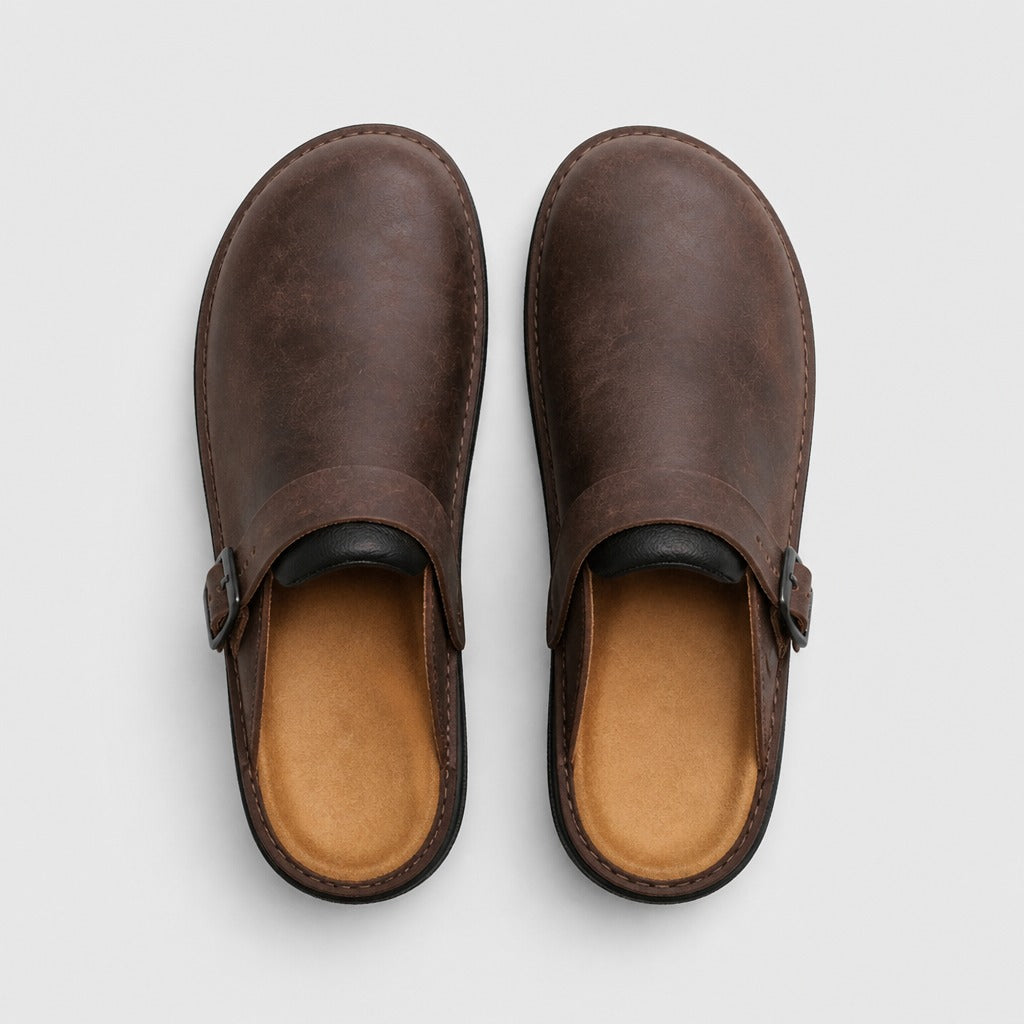 Men’s British Mule Slippers with Button Detail Brown top view
