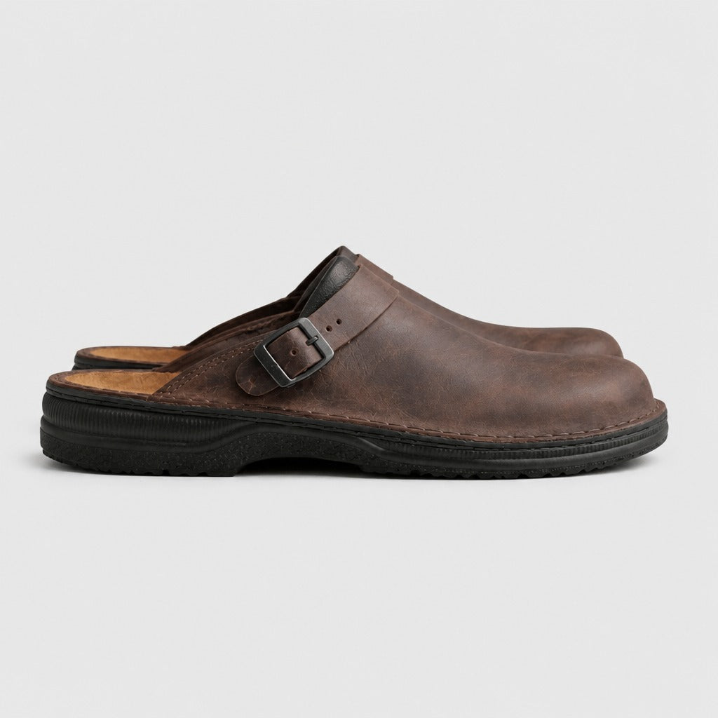 Men’s British Mule Slippers with Button Detail Brown side view