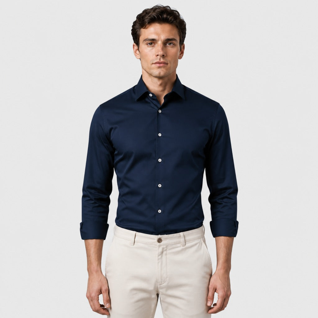 Men’s Broadcloth Dress Shirt with Turn-Down Collar Navy Blue