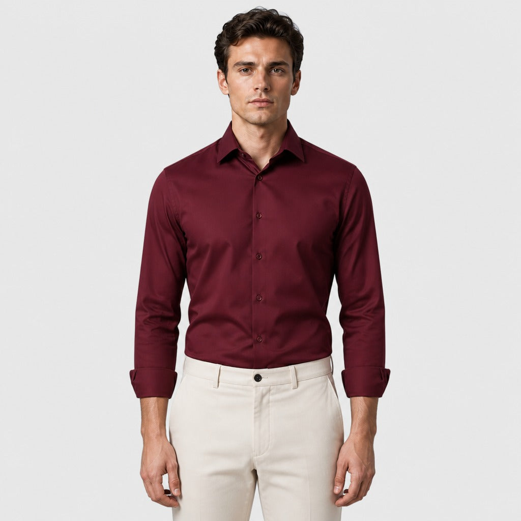 Men’s Broadcloth Dress Shirt with Turn-Down Collar Burgundy