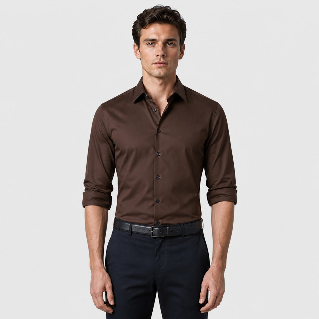 Men’s Broadcloth Dress Shirt with Turn-Down Collar Coffee Brown