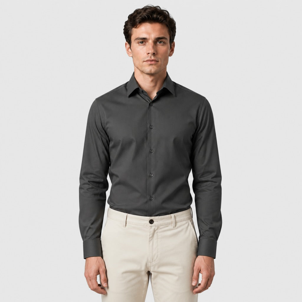 Men’s Broadcloth Dress Shirt with Turn-Down Collar Dark Grey