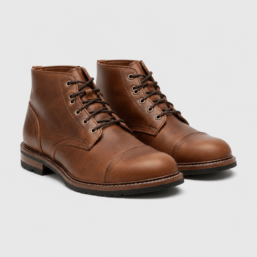 Men’s Brown Leather Lace-Up Cap Toe Boots Brown pair