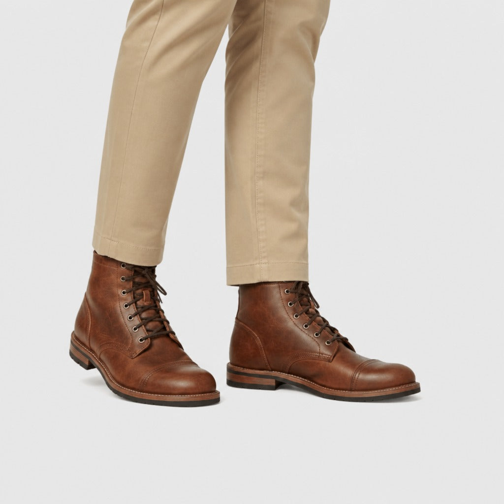 Men’s Brown Leather Lace-Up Cap Toe Boots Brown worn