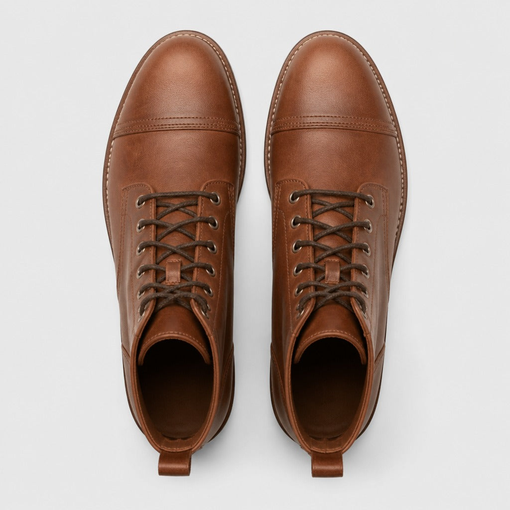 Men’s Brown Leather Lace-Up Cap Toe Boots Brown top view