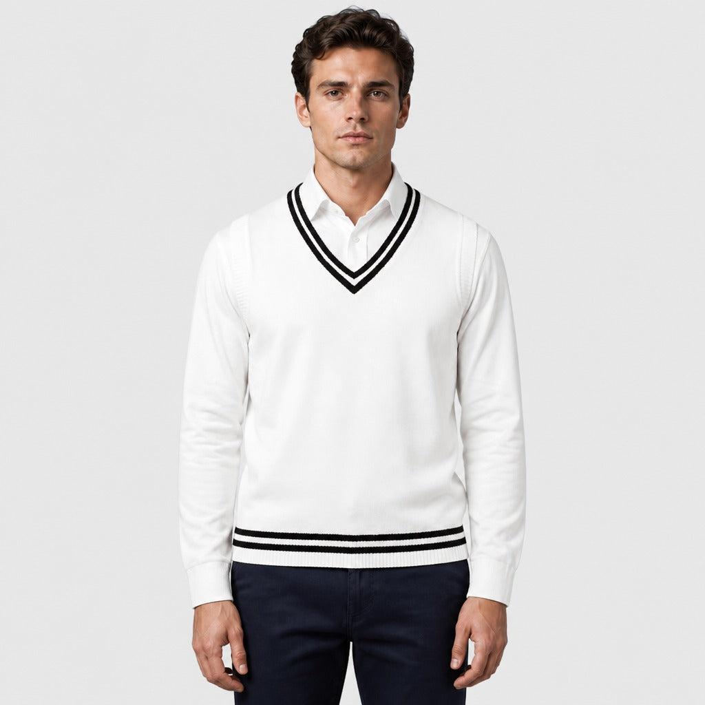 Men’s Cable Knit Cricket Jumper White/Black front