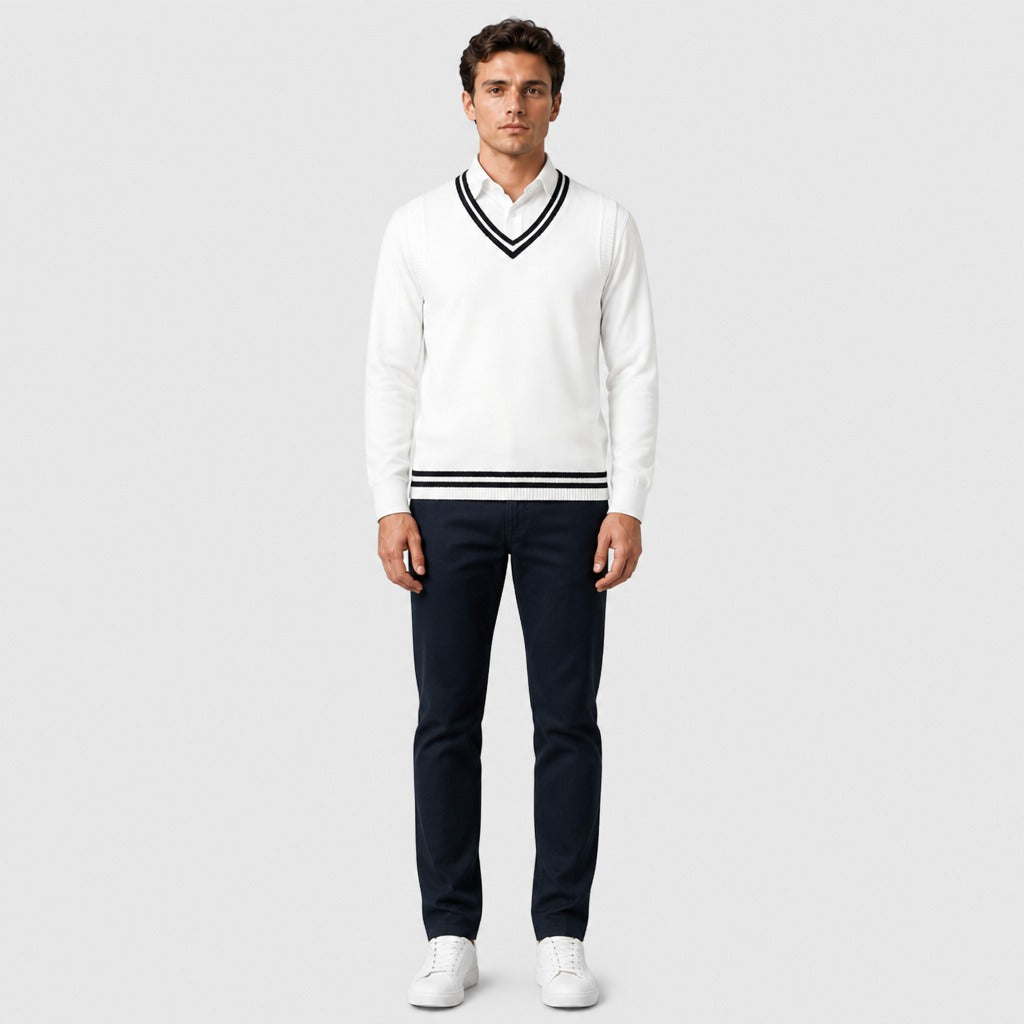 Men’s Cable Knit Cricket Jumper White/Black full length