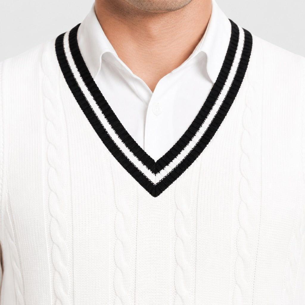 Men’s Cable Knit Cricket Jumper detail