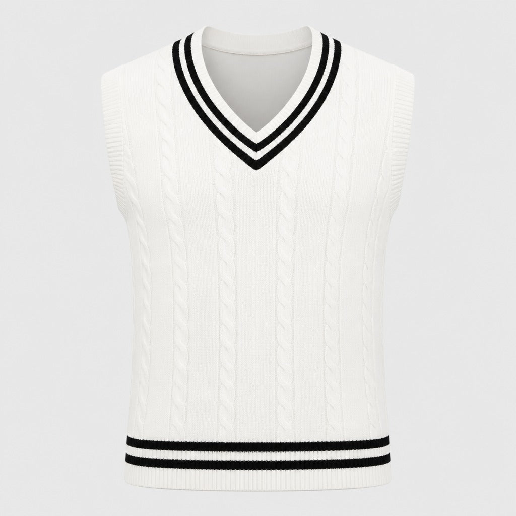 Men’s Cable Knit Cricket Jumper White/Black product front