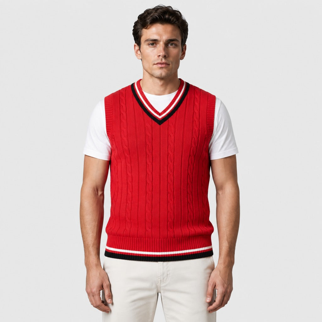 Men’s Cable Knit Cricket Jumper Red