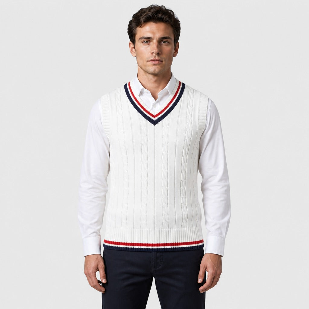 Men’s Cable Knit Cricket Jumper White/Red