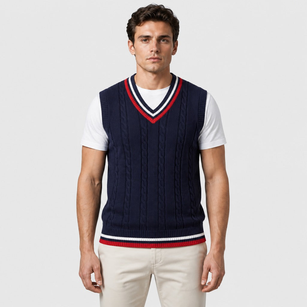 Men’s Cable Knit Cricket Jumper Navy/Red