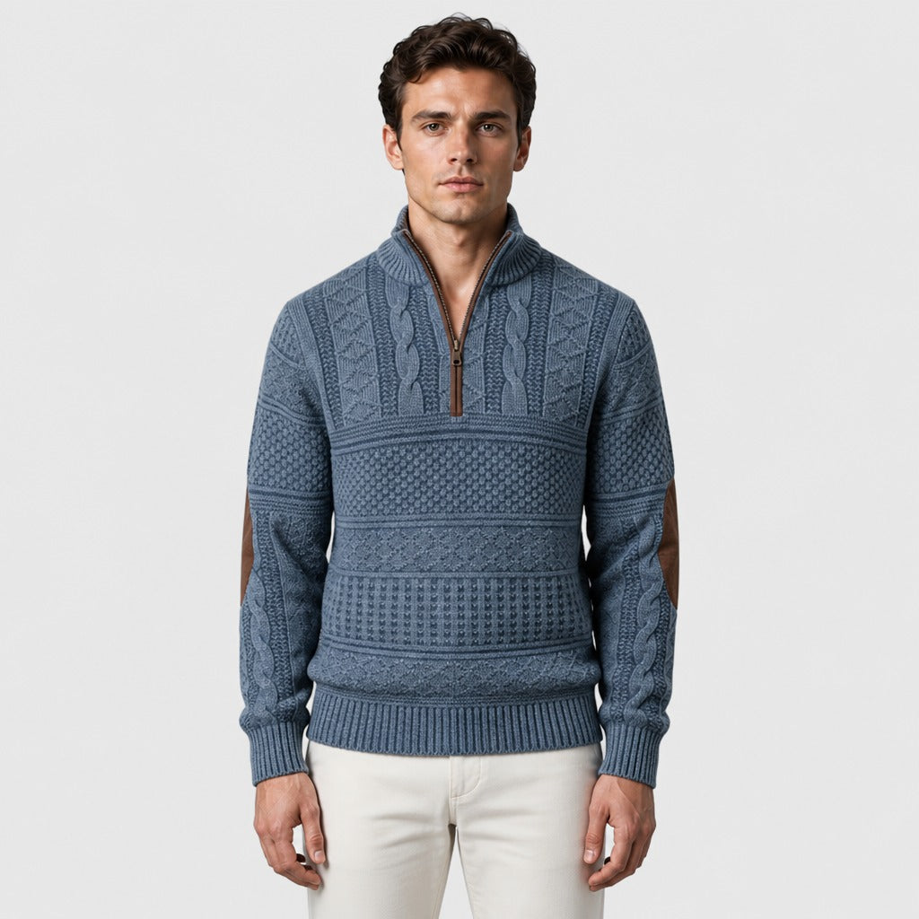 Men’s Cable Knit Half-Zip Jumper with Elbow Patches Blue front